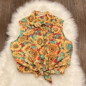 Vintage Sunflower All Over Print Button Down Top